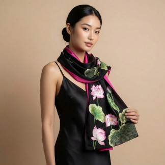 Black silk scarf hand-embroidered with lotus 40*200 cm-Different models